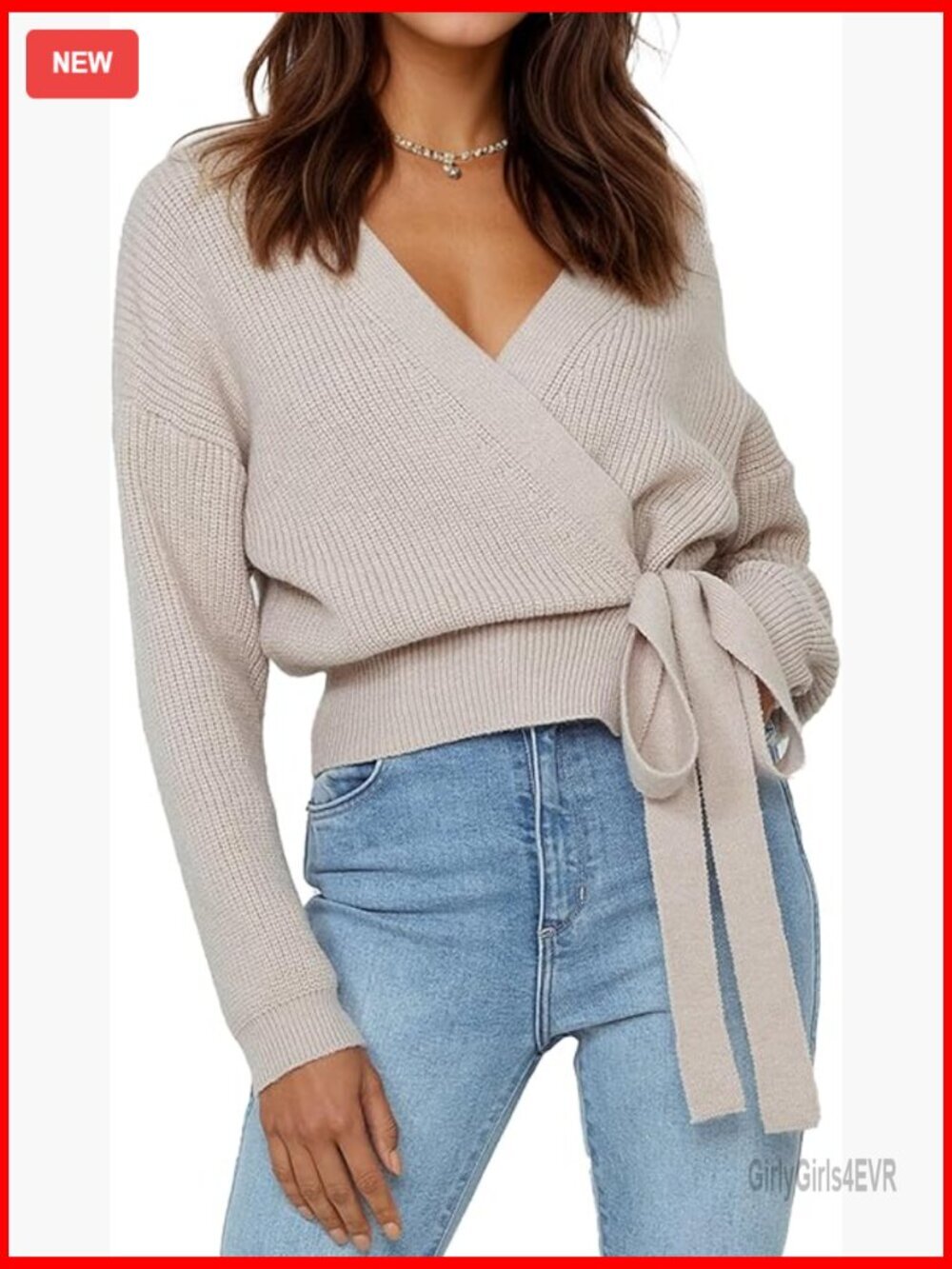 V-Neck Ribbed Knit Wrap Sweater Cropped Pullover Tie Waist Tops